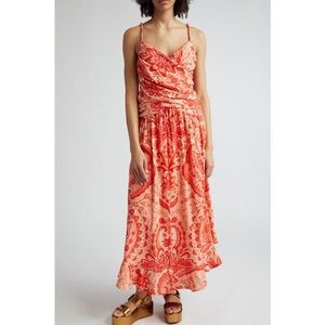 FARM RIO Jaipur Paisley Crossover Linen Blend Maxi Sundress Red & Orange Lge NWT
